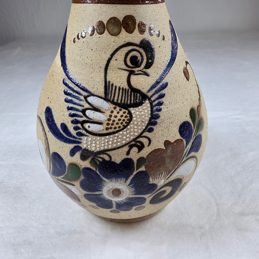 Vintage Tonala Mexican Pottery Bird Vase Hand Painted Ken Edwards Style 8" MEX